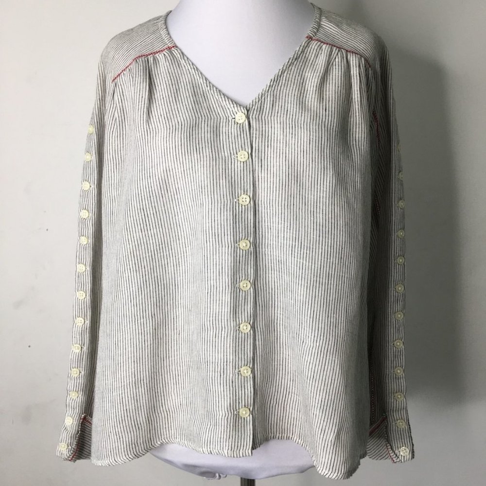 THE GREAT. Striped Blouse in Cream and Gray